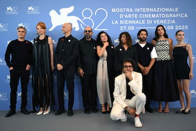 Joaquin Phoenix and Rooney Mara along with the cast and crew of The Voice of Hind Rajab at the Venice Film Festival. AFP