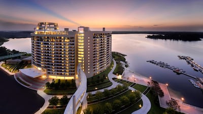 Disney Vacation Club's Bay Lake Tower in Florida overlooks Walt Disney World. The 15-storey resort is a timeshare property and offers 'home-like conveniences' for families. Courtesy of Disney