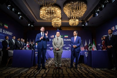 Mr Vance speaks next to Pakistan's Prime Minister Shehbaz Sharif and Qatar's Prime Minister and Minister for Foreign Affairs Sheikh Mohammed bin Abdulrahman bin Jassim Al-Thani at Burgenstock. AFP