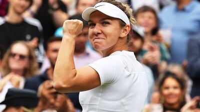 Simona Halep celebrates after her beating Amanda Anisimova in the quarter-finals of Wimbledon on Wednesday, July 6, 2022. EPA