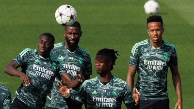 Left to right: Real Madrid's Ferland Mendy, Antonio Rudiger, Eduardo Camavinga and Eder Militao during training. EPA