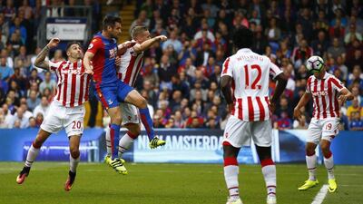 Crystal Palace’s Scott Dann scores their second goal against Stoke City. Peter Cziborra / Action Images / Reuterstails.