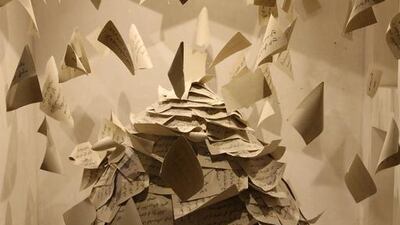 Emirati artist Amnah Al Dabbagh has embedded a collection of poems by Arab poets in this installation that looks like the letters are being carried by the wind through a wind tower. Courtesy Sikka Art Fair