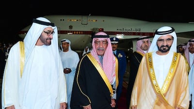 Sheikh Mohammed bin Rashid, Vice President and Ruler of Dubai, and Sheikh Mohammed bin Zayed, Crown Prince of Abu Dhabi and Deputy Supreme Commander of the Armed Forces, are greeted by Saudi Arabia’s deputy crown prince, Muqrin bin Abdulaziz Al Saud. Wam