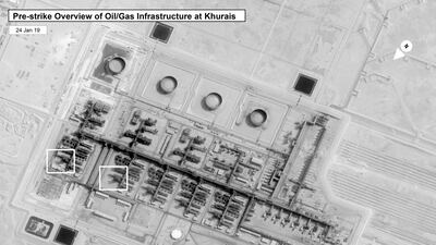 This image provided by the U.S. government and DigitalGlobe and annotated by the source, shows a pre-strike overview at Saudi Aramco's Khurais oil field in Buqyaq, Saudi Arabia. The drone attack Saturday on Saudi Arabia's Abqaiq plant and its Khurais oil field led to the interruption of an estimated 5.7 million barrels of the kingdom's crude oil production per day, equivalent to more than 5% of the world's daily supply. AP