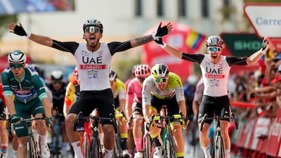 UAE Team Emirates rider Juan Sebastian Molano celebrates after winning Stage 12 of the Vuelta a Espana on September 7, 2023. EPA