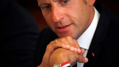 epa07012756 French President Emmanuel Macron attends a meeting with representatives of Human rights group Reporters Without Borders (RSF) and members of a commission to draft an 'International Declaration on Information and Democracy' at the Elysee Palace in Paris, France, 11 September 2018. EPA/PHILIPPE WOJAZER / POOL MAXPPP OUT