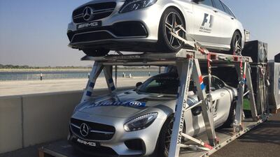 The safety cars arrive at the Yas Marina Circuit. Courtesy Seven Media