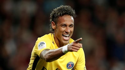 A 25-year-old Neymar celebrates scoring a debut goal for Paris Saint-Germain in their victory over Guingamp in August 2017. AFP