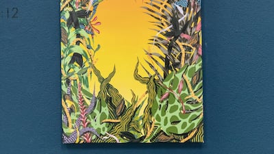 Amir H. Fallah, "Blurred Boundary & A City Buried In The Past". "Both works reflect on the idea of belonging outside one’s country of origin. In the former, the work conveys the artist’s signature style of portraiture, referencing Iranian-American immigrants who have not returned to Iran since their departure several decades ago. The latter conveys the artist’s signature style landscape, referencing floral Persian ornamentation."