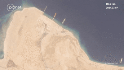 A series of timelapse images of Ras Isa showing changes between July 2024 and July 2025. Photos: Planet Labs