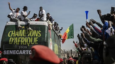 Senegal team players during a victory parade in Dakar in January after winning the Afcon title. AFP