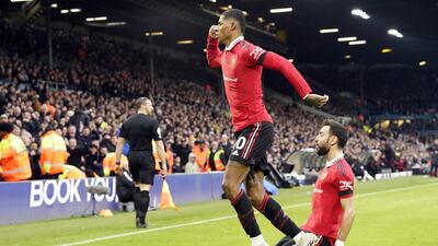 Manchester United's Marcus Rashford celebrates scoring their first goal. PA