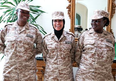 Women, Peace and Security training programme participants (left to right) Remadji Dounia Stephanie, a police officer from Chad; Naeema Alblalooshi, a police officer from Bahrain, and Capt Rachel Riak Kon, from South Sudan. Photo: Victor Besa / The National
