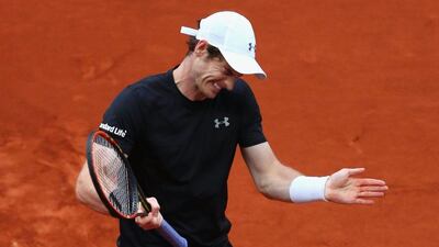 Andy Murray of Great Britain reacts in his match against Novak Djokovic of Serbia in the final during day nine of the Madrid Masters tennis tournament at the Caja Magica on May 08, 2016 in Madrid, Spain. (Julian Finney/Getty Images)