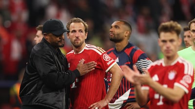 Bayern's Harry Kane is consoled by manager Vincent Kompany. Getty Images