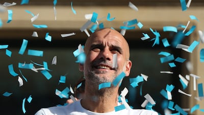 Pep Guardiola during the victory parade on Monday. Reuters