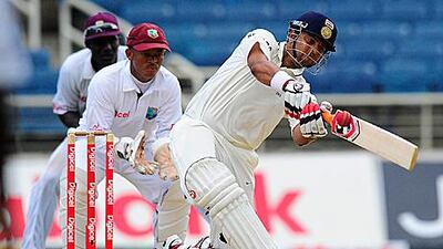 Suresh Raina plays a pull shot during his inning saving partnership with Harbhajan Singh at Sabina Park.