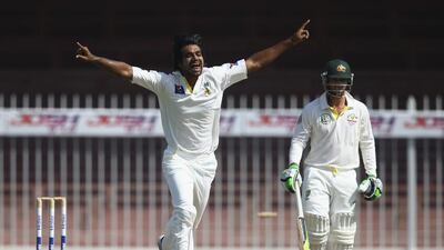 Rahat Ali of Pakistan A celebrates after dismissing Michael Clarke of Australia during Day 4 of their practice match at Sharjah Cricket Stadium on October 18, 2014. Francois Nel / Getty Images