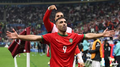 Soccer Football - FIFA Arab Cup - Qatar 2025 - Final - Jordan v Morocco - Lusail Stadium, Lusail, Qatar - December 18, 2025 Morocco's Abderazak Hamdallah celebrates scoring their third goal REUTERS / Mohammed Salem