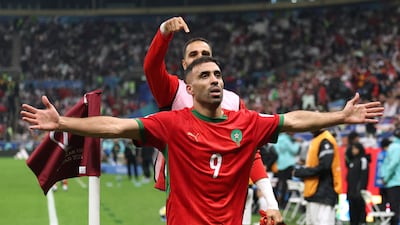 Soccer Football - FIFA Arab Cup - Qatar 2025 - Final - Jordan v Morocco - Lusail Stadium, Lusail, Qatar - December 18, 2025 Morocco's Abderazak Hamdallah celebrates scoring their third goal REUTERS / Mohammed Salem