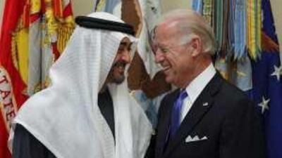 Sheikh Mohammed bin Zayed, Crown Prince of Abu Dhabi and Deputy Supreme Commander of the UAE Armed Forces, and the US vice president, Joe Biden, at the White House yesterday.