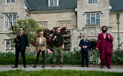 Nestor Carbonell as Ignacio El Caido, Sarah Michelle Gellar as Ursula Danforth, Shawn Hatosy as Titus Danforth, Elijah Wood as The Lawyer and Nadeem Umar-Khitab as Viraj Rajan. Photo: Searchlight Pictures