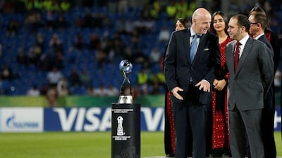 Jordan's Prince Ali bin Al Hussein, right, with Fifa president Gianni Infantino at the ceremony for the U17 Women's World Cup in Amman last week. Muhammad Hamed / Reuters / October 21, 2016