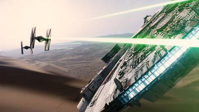 The Millennium Falcon under attack in Star Wars Episode VII: The Force Awakens. LucasFilm, Disney / AP Photo