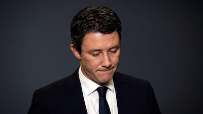 La Republique en Marche (LREM) candidate for the upcoming Paris 2020 mayoral election Benjamin Griveaux is pictured as he announces his withdrawal from the mayoral campaign at AFP headquarters in Paris on February 14, 2020 AFP