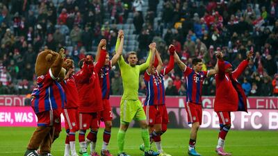 Players of Muenchen celebrate victory after the Bundesliga match between FC Bayern Muenchen and Hamburger SV at Allianz Arena on February 14, 2015 in Munich, Germany. (Photo by Alexander Hassenstein/Bongarts/Getty Images)