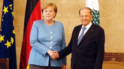 German Chancellor Angela Merkel and Lebanon's President Michel Aoun meet in the presidential palace in Beirut on June 22, 2018. Mohamed Azakir / Reuters
