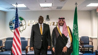 Prince Khalid bin Salman, Saudi Arabia's Vice Minister of Defence, meets US Secretary of Defence Lloyd Austin.