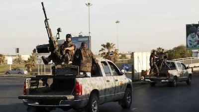 Military vehicles of a joint security force in charge of flushing out armed militias from Tripoli.