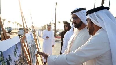 Sheikh Mohammed bin Rashid, Vice President and Ruler of Dubao, inspects the Dubai Parks and Resorts project on Saturday. Wam