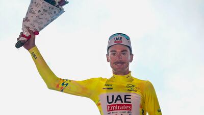 US rider Brandon McNulty (UAD) celebrates on podium after winning the Volta a la Comunitat Valenciana cycling race, in Valencia, eastern Spain, 04 February 2024. EPA / Biel Alino