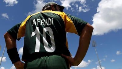 Shahid Afridi during the 2010 T20 World Cup super eight match between Pakistan and England at the Kensington Oval in Barbados. Getty Images