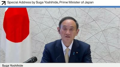 Japan's Prime Minister Yoshihide Suga, addressing an all-virtual World Economic Forum, which usually takes place in Davos, Switzerland. AFP