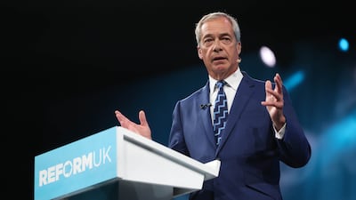 Nigel Farage, speaking at the Reform UK annual conference, where he announced he would ban the Muslim Brotherhood. EPA