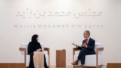 AlAnood Al Kaabi, project manager at the UAE's Education Affairs Office, and Michael Horn, adjunct lecturer at the Harvard Graduate School of Education, at the Majlis Mohamed bin Zayed in Abu Dhabi on Thursday. All photos: Presidential Court