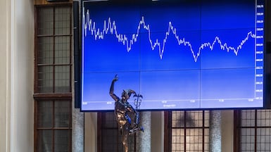 A statue of Mercury, the Roman god of trade, at the Euronext Amsterdam stock exchange. European stocks soared 36 per cent in dollars last year, exceeding the gains of world stocks. Getty Images
