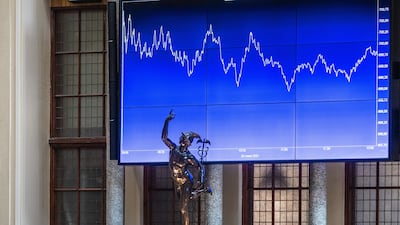 A statue of Mercury, the Roman god of trade, in front of the AEX Index curve in the Euronext NV stock exchange in Amsterdam, Netherlands. European stocks soared 36 per cent in dollars last year, exceeding the gains of world stocks. Getty Images