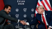 US President Donald Trump with Sheikh Tamin, Emir of Qatar, on the sidelines of the G7 summit in Evian-les-Bains, France, on June 16, 2026. Reuters
