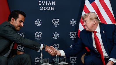 US President Donald Trump with Sheikh Tamin, Emir of Qatar, on the sidelines of the G7 summit in Evian-les-Bains, France, on June 16, 2026. Reuters