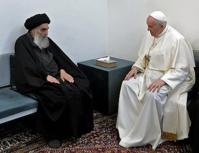 Pope Francis meeting top Shiite cleric Grand Ayatollah Ali Al Sistani in the Iraqi shine city of Najaf. HO / Vatican News