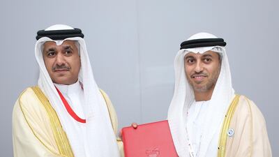 Dr Ahmad Belhoul Al Falasi, Minister of State for Higher Education and Advanced Skills and Chairman of the UAE Space Agency, agrees a new Middle East space partnership with Kamal Bin Ahmed Mohammed, Minister of Transportation and Telecommunications for Bahrain.