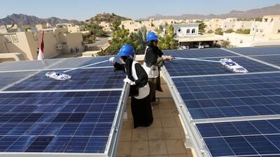 The Dubai Youth Council and the Dubai Electricity and Water Authority (Dewa) have launched a youth volunteer initiative to clean solar panels on the rooftops of houses in Hatta. Courtesy: Dubai Media Office