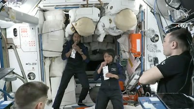 Mr Al Qarni and Ms Barnawi rehydrate alongside two cosmonauts on the ISS. AP