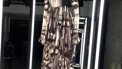 A dramatic printed gown from Giles Deacon. Jocelyn Noveck / AP Photo