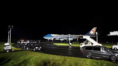 Air Force One taxis after landing at RAF Aldergrove in Antrim. Reuters